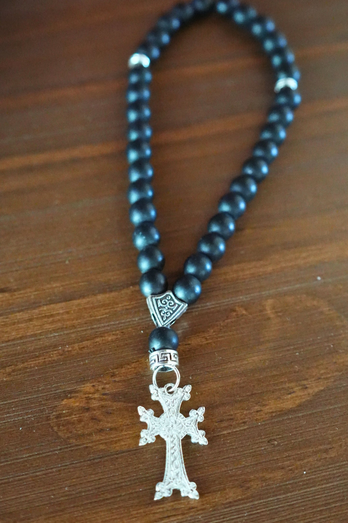 Orthodox Black Onyx Prayer Beads with Blooming Cross – 33 Beads – Handmade Assembly