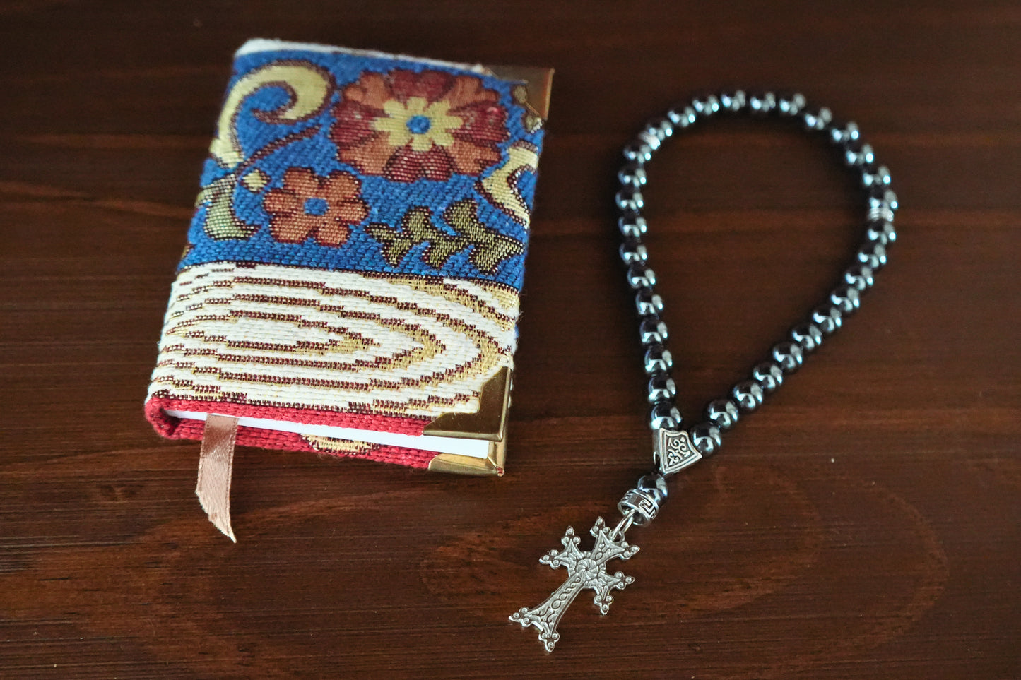 Orthodox Hematite Prayer Beads with Blooming Cross – 33 Beads – Handmade Assembly