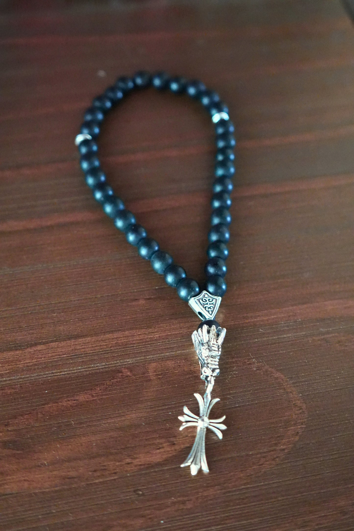 Orthodox Black Onyx Prayer Beads with Ornate Cross – 33 Beads – Handmade Assembly