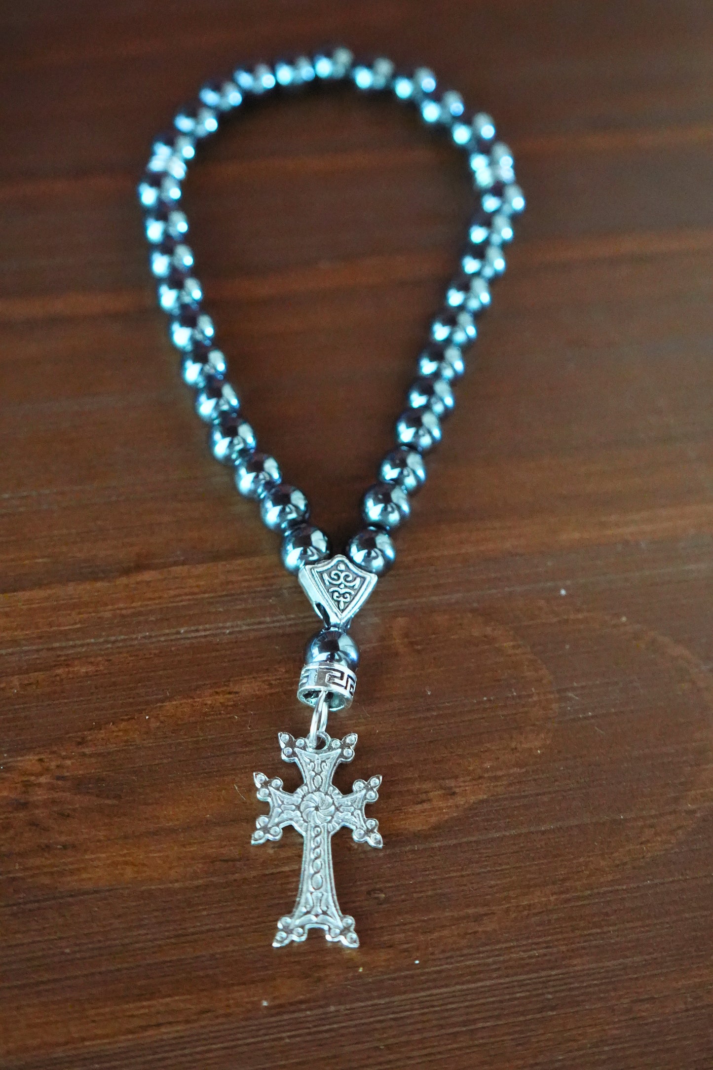 Orthodox Hematite Prayer Beads with Blooming Cross – 33 Beads – Handmade Assembly