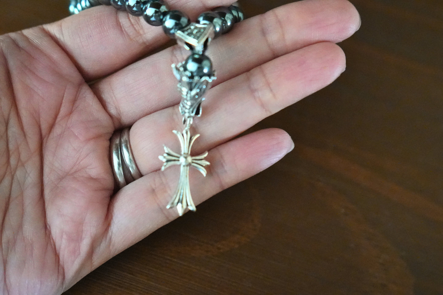 Orthodox Hematite Prayer Beads with Ornate Cross – 33 beads – Handmade Assembly