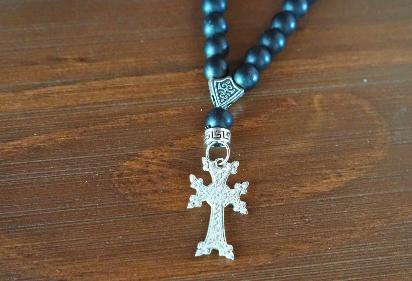 Orthodox Black Onyx Prayer Beads with Blooming Cross – 33 Beads – Handmade Assembly