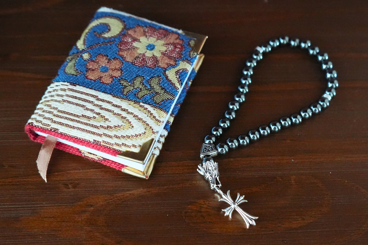 Orthodox Hematite Prayer Beads with Ornate Cross – 33 beads – Handmade Assembly