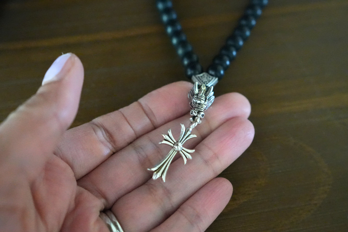 Orthodox Black Onyx Prayer Beads with Ornate Cross – 33 Beads – Handmade Assembly