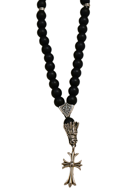 Orthodox Black Onyx Prayer Beads with Ornate Cross – 33 Beads – Handmade Assembly