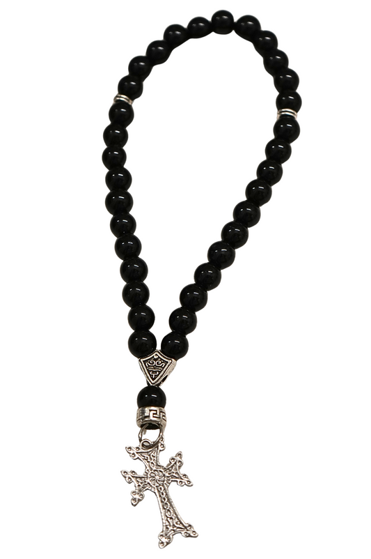 Orthodox Black Onyx Prayer Beads with Blooming Cross – 33 Beads – Handmade Assembly