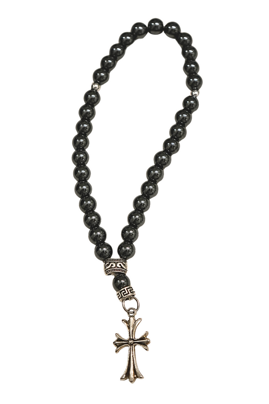 Orthodox Hematite Prayer Beads with Ornate Cross – 33 beads – Handmade Assembly