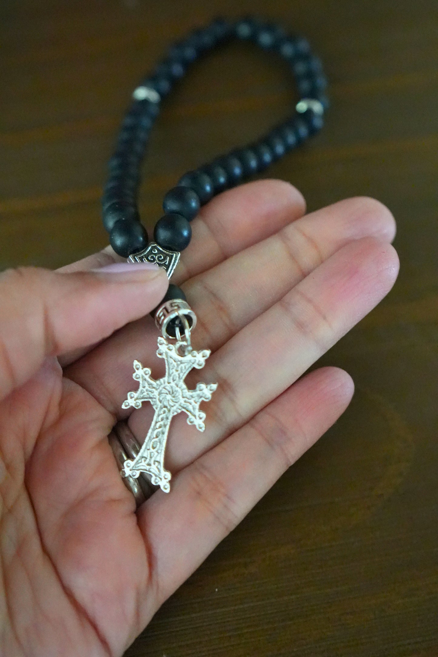Orthodox Black Onyx Prayer Beads with Blooming Cross – 33 Beads – Handmade Assembly