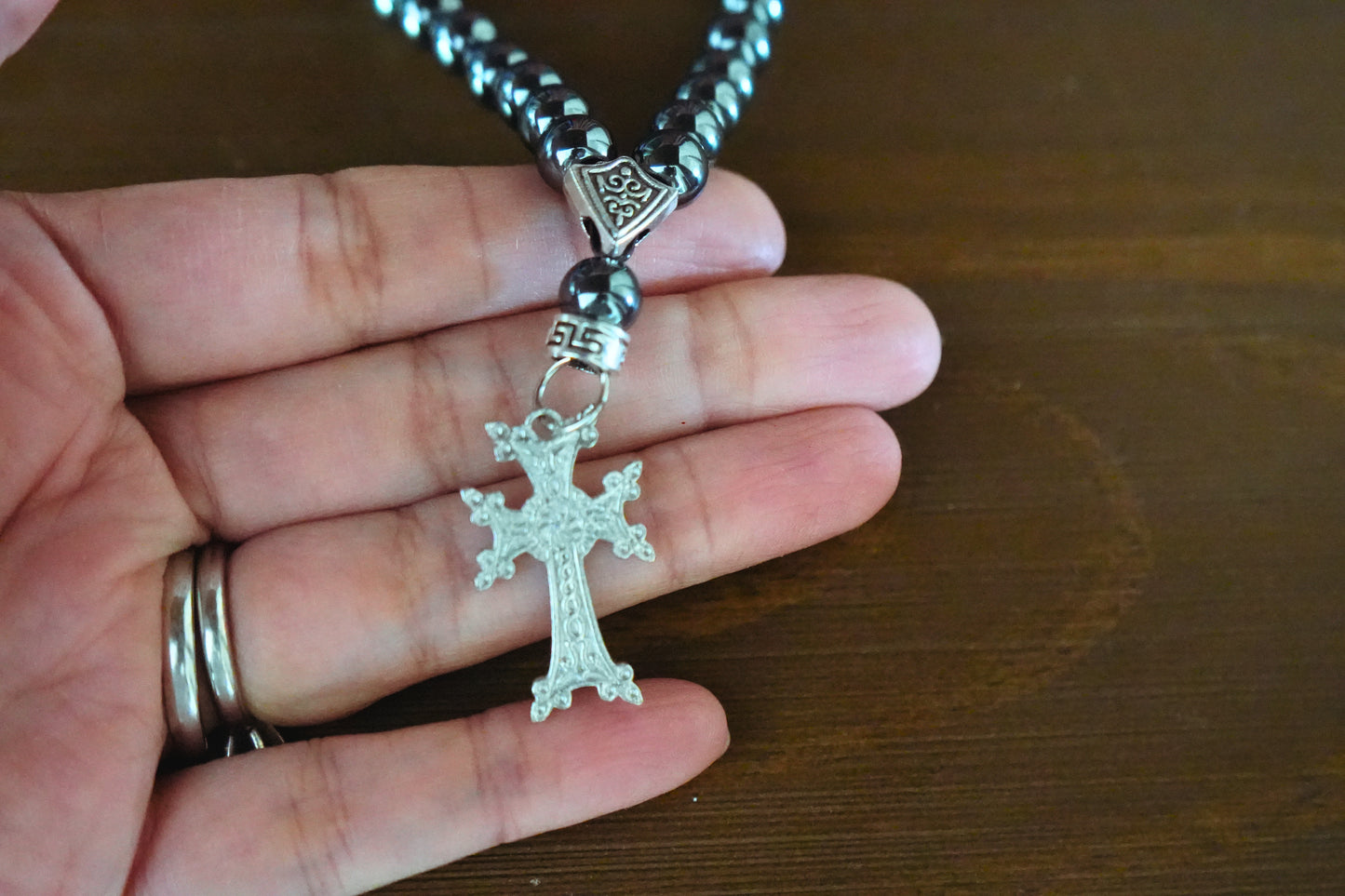 Orthodox Hematite Prayer Beads with Blooming Cross – 33 Beads – Handmade Assembly