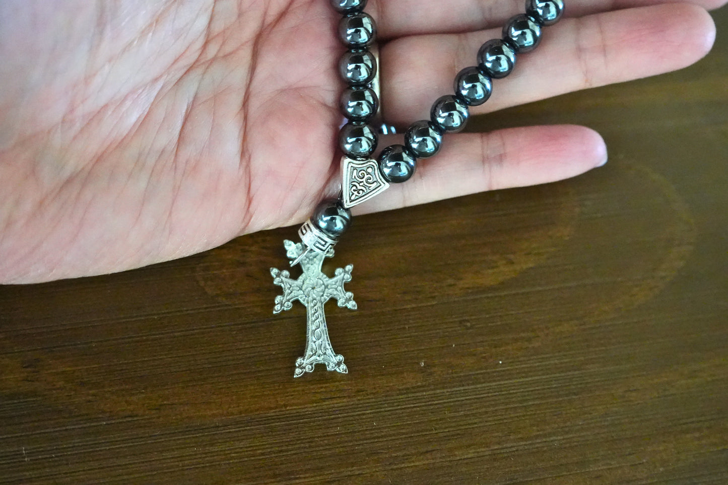 Orthodox Hematite Prayer Beads with Blooming Cross – 33 Beads – Handmade Assembly