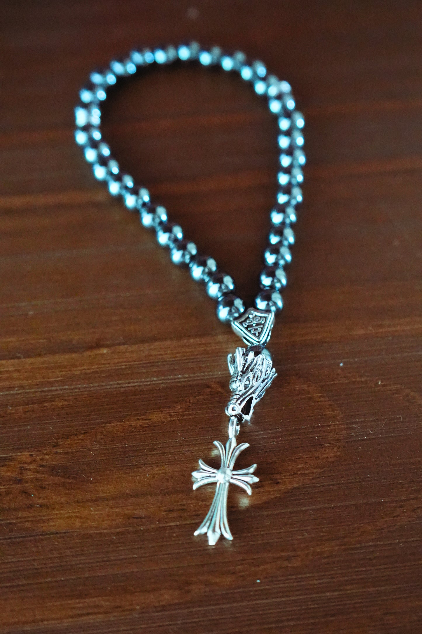 Orthodox Hematite Prayer Beads with Ornate Cross – 33 beads – Handmade Assembly